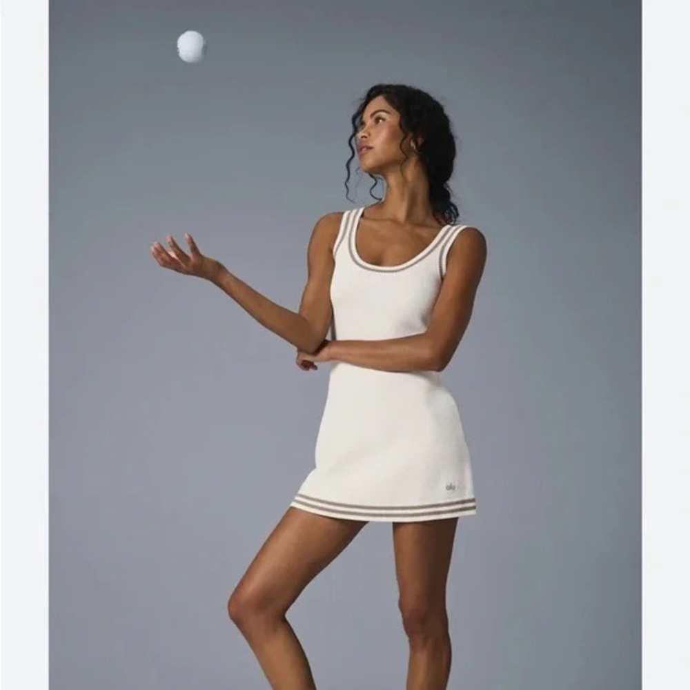 ALO Yoga Tennis Club Knit Tank Dress Color: Gravel/Ivory  Size: XXS - Picture 8 of 9